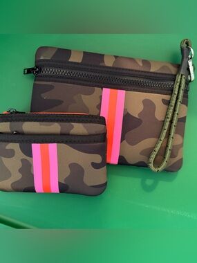 Camo Neoprene Wristlet Pouch with Pink & Red Stripe